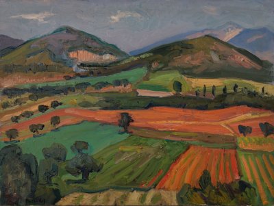 Attic Landscape, Orange Fields, Hills — Oil painting, Canvas, 46.00×61.00cm — Theodoros Markellos